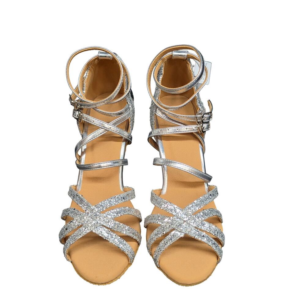 Dance & Sway Silver Glitter Latin Dance Heels Strappy 3.3” 8.5